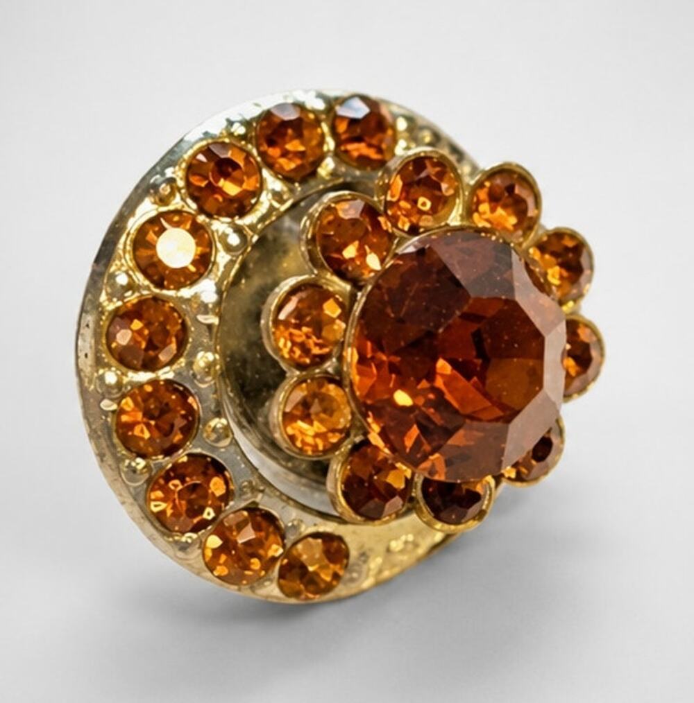 Vintage Orange Rhinestone Lapel Pin Back .75" Glass Flower‎ Unisex Small so-38